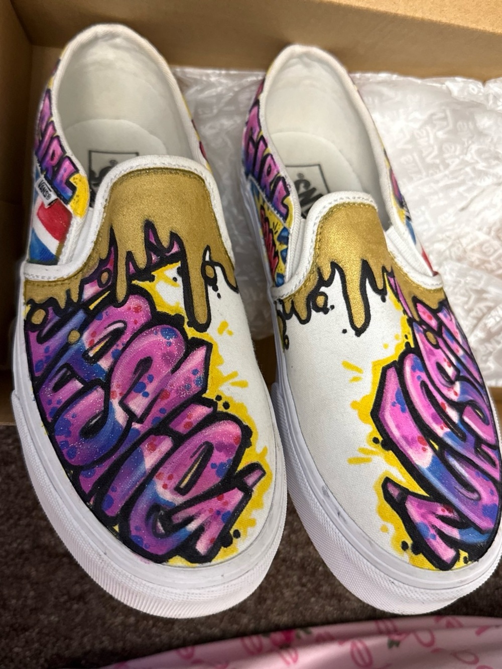 Vans Slip-On Sneakers with Gold & Pink Graffiti Design "Leslie"
